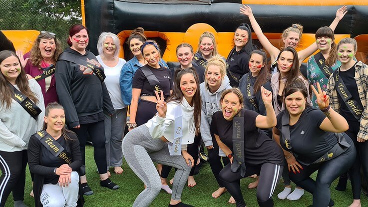 group of hens with inflatables