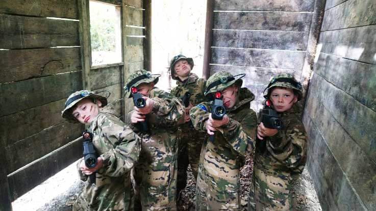 group of young laser tag players posing with guns