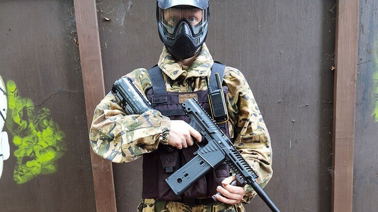 player with full special ops-magfed paintball gear